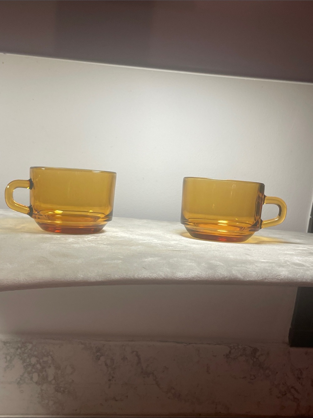 Arcoroc France Tea Coffee Cups Vintage Amber Glasses Matching Pair of 2 Pristine